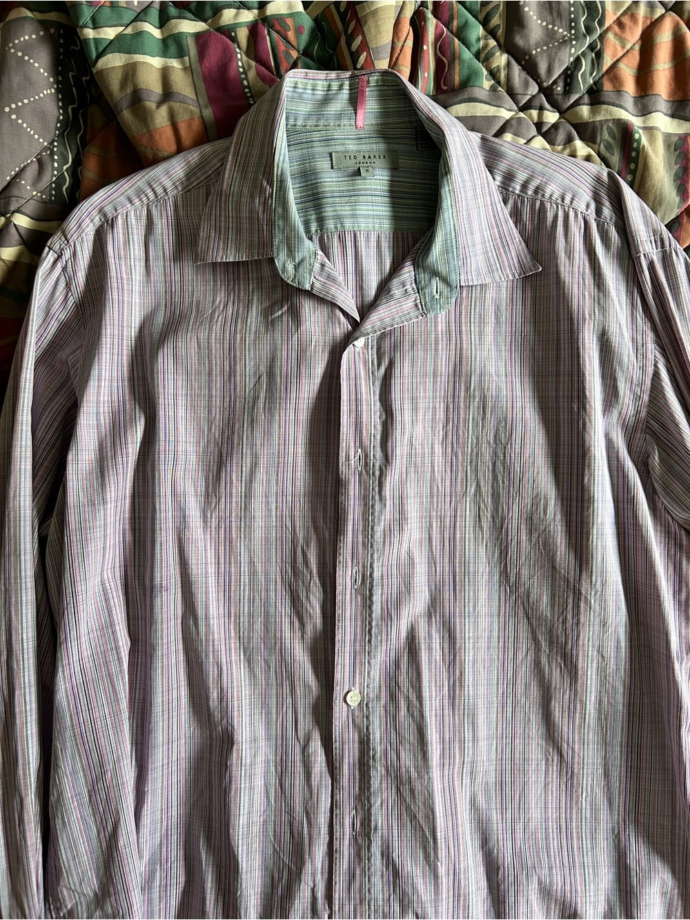 Ted Baker Men's Lavender and Green Fine-Striped Dress Shirt